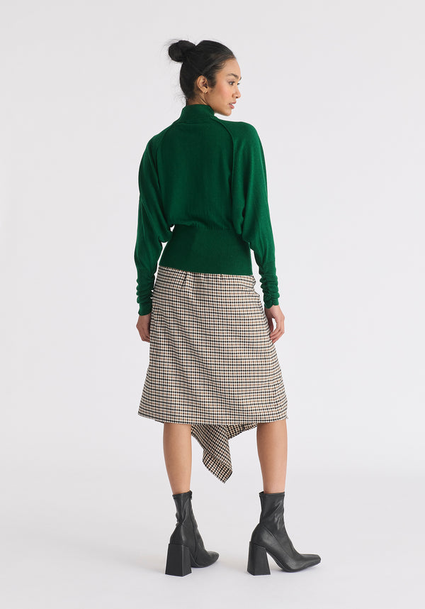 Mock Neck Batwing Jumper with Ruched Cuffs in Green Back